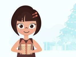 A cute little girl is holding a gift in her hands. New Year banner. Flat style. vector