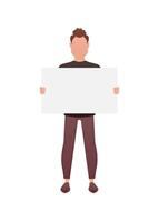 A man is in full growth and holds an empty space for advertising in his hands. Isolated. Cartoon style. vector