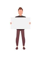 A man is in full growth and holds an empty space for advertising in his hands. Isolated. Cartoon style. vector