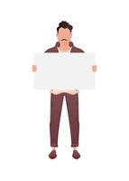 A guy with a strong physique stands in full growth and holds an empty banner in his hands. Isolated. Cartoon style. vector