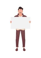 A guy with a strong physique stands in full growth and holds an empty banner in his hands. Isolated. Cartoon style. vector