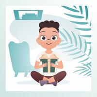 Smiling child boy sits in a lotus position and holds a box with a bow in his hands. Birthday, new year or holidays theme. Cartoon style. Vector illustration.