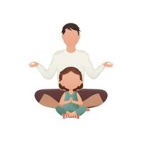 Dad and little daughter are sitting and doing yoga. Isolated. Cartoon style. vector
