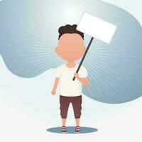 A cute preschool boy with a blank banner. Place for your text. Vector illustration in cartoon style.