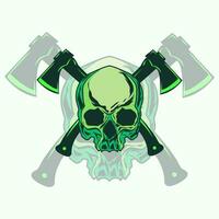 skull with ax and text, vector grunge illustration isolated on white background, logotype