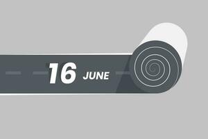 June 16 calendar icon rolling inside the road. 16 June Date Month icon vector illustrator.