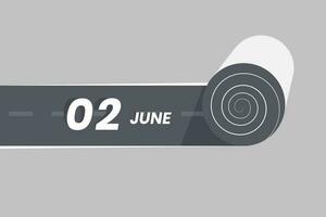 June 2 calendar icon rolling inside the road. 2 June Date Month icon vector illustrator.