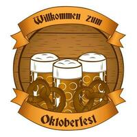 Oktoberfest bandera con cerveza lentes y pretzels vector