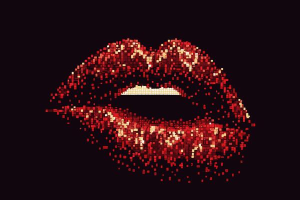 Lips with red lipstick in pixel art style.
