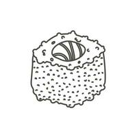 rollo de sushi de fideos con sésamo, comida japonesa. icono de estilo de dibujos animados de rollo de sushi. sushi aislado sobre fondo blanco. sushi de dibujos animados vectoriales. logotipo, icono. rollos de sushi estilo dibujo a mano. comida asiática vector