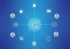Illustration of a global social network concept with connected icons on gradient blue background. illustrations featuring modern technology. vector