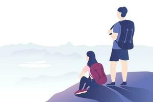 Hiking couple standing on the rock and looking at the mountains vector