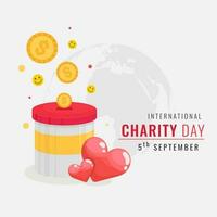 Illustration of money donation box with smiley balls and hearts on gray global earth background for 5th September International Charity Day poster or banner design. vector