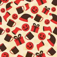 Seamless Pattern Of Smiley Emoji With Woolen Cap, Mug, Sock And Gift Box Decorated Background. vector