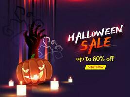 Halloween Sale banner or poster design with discount offer, jack-o-lantern and zombie hand on purple background. vector