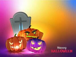 Happy Halloween celebration poster design with scary pumpkins and graveyard on colorful gradient background. vector