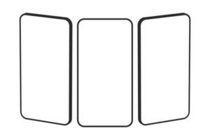 Tres sin marco célula teléfono plantillas en blanco antecedentes. vector