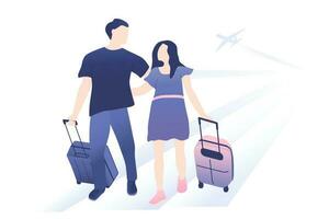 Young couple with bags going through the terminal. vector