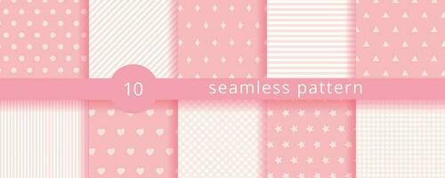 Scrapbook seamless background. Pink baby shower patterns. Set cute prints with circle, heart, rhombus, star, triangle, stripes. Geometric childish wrapping backdrop. vector