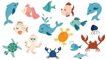 Cute underwater animals. Fish, sea turtle, octopus, crayfish, crab, dolphin, jellyfish. Sea life elements. Vector doodle cartoon set of marine life objects for your design.