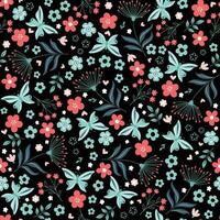 Spring seamless pattern on multi colored flowers background. Flowers, leaves, twigs and butterfly vector