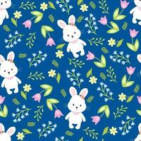 Cute white rabbit seamless pattern with tulips, branch, chamomile and leaves. Ideal for wallpaper, gift paper, web page background, spring greeting cards vector