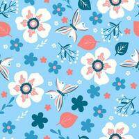 Seamless spring pattern with different cute flowers, leaves and butterflies vector