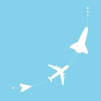 Progress, development, improvement illustration. Planes and shuttle flying through the pathway vector