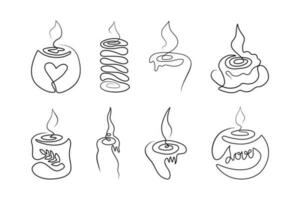 Set of various minimalistic continuous line burning candles for the logo. Candle in one line style. Isolated on white background vector