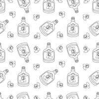 Seamless pattern with hand drawn doodle whiskey bottle with vintage pocket watch with chain on the label. Black elements on a white background vector