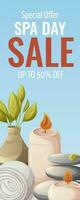 Spa day sale promotion banner. Stones, burning candles. Towel, vase with leaves. For salon, massage. Vector illustration. Vertical narrow template. For poster, advertising, special offer, website.
