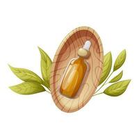 Glass bottle with oil serum in a wooden bowl surrounded by green leaves. Health and beauty. Top view. Trendy vector illustration.