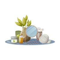Accessories for self-care. Cream for body, face and hand, table mirror, glass cup with gua sha tools, oil serum, towel. Daily skin care. Health and beauty. Trendy vector illustration