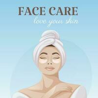 European woman in a white bathrobe and towel. Eye patches. Concept of self-care, relaxation. Face care, love your skin, square card. Vector illustration