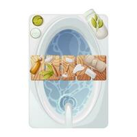 Bathtub filled with water. Items for relaxation. Wooden stand with gua sha tools, headband, oil serum, eye patches, cream and towel. Top view. Health and beauty. Trendy vector illustration