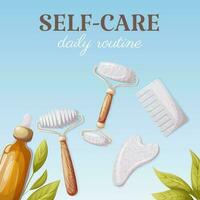 Oil serum, gua sha tools, scraper, rollers, comb of natural stones, white agate, rose quartz. Self-care, daily routine, square card. Vector illustration