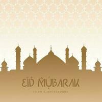 Gold eid mubarak with arabic letter and mosque background vector