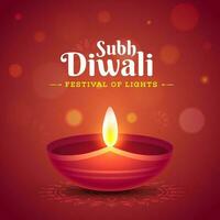 Subh Diwali celebration poster or greeting card design with illuminated oil lamp on red bokeh background. vector