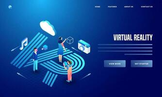 User using social media and analytics tools of camera, cloud and music notes on creative blue background for Virtual Reality website poster or landing page design. vector