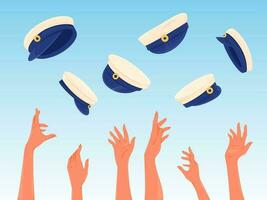 manos lanzamiento blanco sueco graduación tapas en el aire. tradicional celebracion de colegio graduación en Suecia. vector ilustración