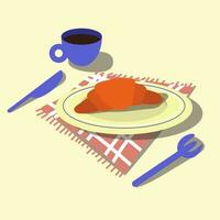 Cartoon table setting for breakfast. A mug of coffee, a croissant on a plate with a fork and a knife. Service, lunch, cafe, rest, breakfast. Hand-drawn cute vector illustration. Print banner breakfast