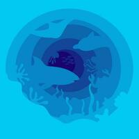 A banner of blue shades and layers in the theme of sea waves, fish and plants. The banner from dark to light blue color shows the depths of the sea with silhouettes of animals. Sea depth, paper effect vector