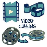 A set of elements for movies. All the elements for creating and cutting a movie. Reel, film, slide in cartoon style. Cute flat-style drawings in a blue color scheme on a white background vector