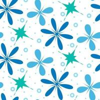 Simple floral pattern of symmetrical elements. Vector seamless texture with symmetrical colors or rounded snowflakes Colorful retro-style ornament with blue large and small flowers on white background