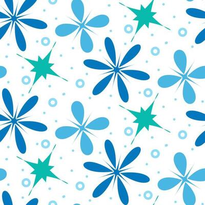 Simple floral pattern of symmetrical elements. Vector seamless texture with symmetrical colors or rounded snowflakes Colorful retro-style ornament with blue large and small flowers on white background