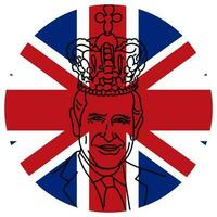 Portrait of Prince Charles King of England, in profile Coronation of King Charles III on May 6 2023 Square banner with a linear portrait of the king on the background of the British flag Vector banner