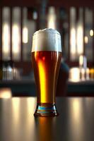 A pint of beer on a bar counter. 3d rendering. photo