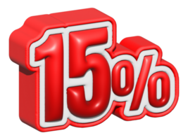 15 3D text. 15 percent sale. 15 percent discount on red color. up to 15 3D illustration png