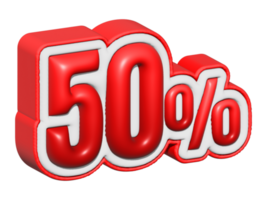 50 3D text. 50 percent sale. 50 percent discount on red color. up to 50 3D illustration png