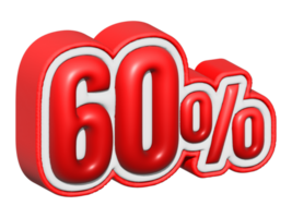 60 3D text. 60 percent sale. 60 percent discount on red color. up to 60 3D illustration png